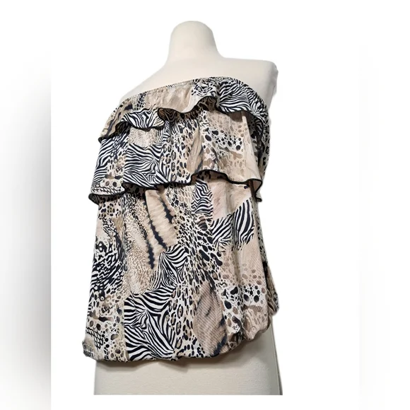 Dots Women Strapless Halter Leopard Zebra Animal Ruffle Black Tan Blouse Tops - Picture 8 of 14